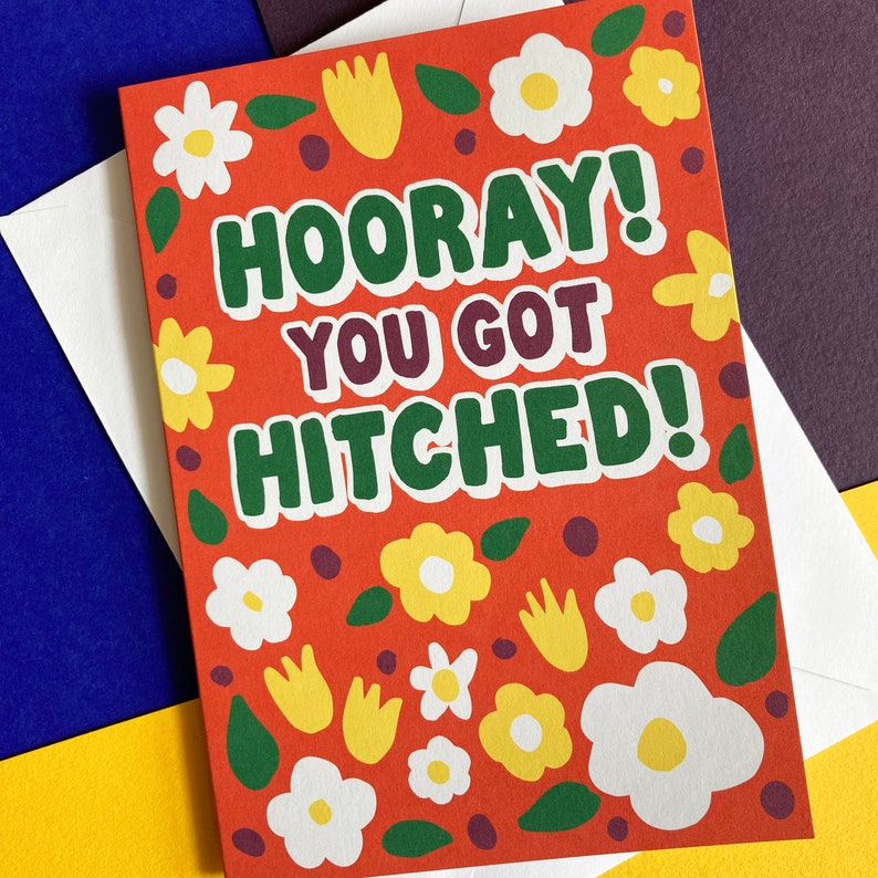 Hooray You Got Hitched Civil Partnership and Wedding Card, Retro Flower Wedding card A6 image 1