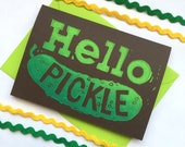 Hand gedrukt Lino Hello augurk Card, verjaardagskaart, leuke wenskaart, grappige Card, Linosnede kaart