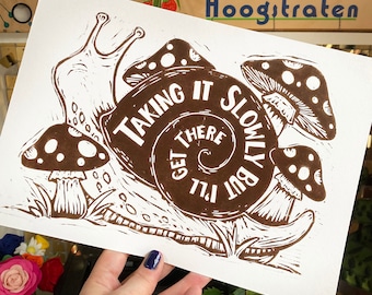 Taking it Slowly Snail and Mushroom linocut print - A4 print