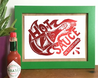 Hot Sauce Metallic Foil Mini Print (From Linocut), Letterpress Print, Foil Print, Chilli lover, Food Print, Louisiana, New Orleans Inspired