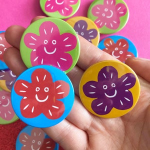 Happy Rainbow Flower Power badges, Set of badges, lapel pin, Pin badge, party bag fillers, Self care, Positive mental health image 2