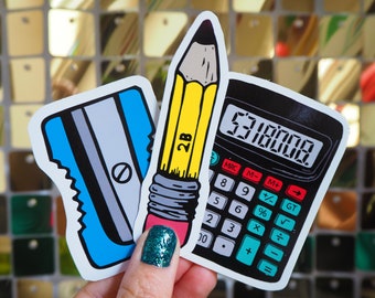 Vinyl Sticker Set - 3x Stationery, Sharpener Pencil and Boobies Calculator, Laptop Decals, Phone stickers,