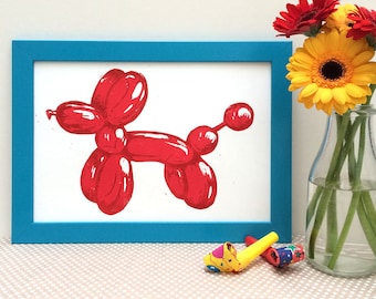 Balloon Dog Linocut Print, Original lino print, wall art, Kid's bedroom art, office wall art, Party themed art,