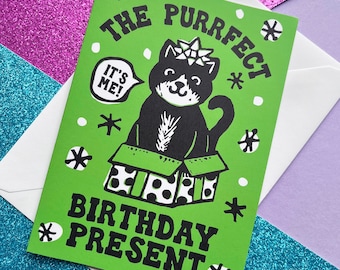 Tuxedo Cat in a box funny Birthday Card A6