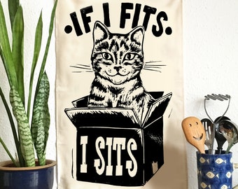 If I fits Tabby Cat Tea Towel - From Linocut, 100% Cotton Kitchen Towel, Cat Lover Gift, Tea Towel, Funny Dish Towel, Mum Gift