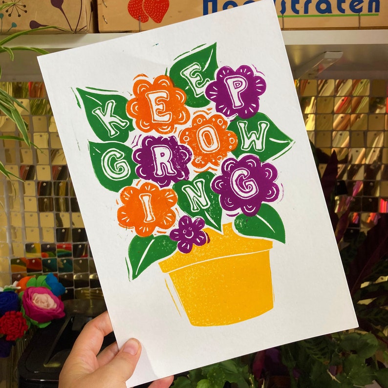 Keep growing flower pot wellbeing linocut print A4 print image 3