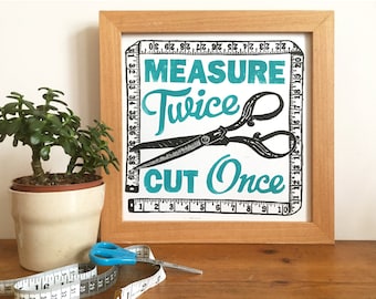 Sewing print, Measure Twice Cut Once Sewing Linocut Print