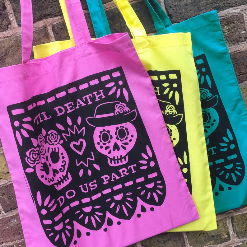 Day of the Dead Hand Printed Cotton Tote Bag Canvas Shopping bag, cotton bag, reusable bag, Screen Print, Skull bag image 1