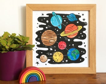 Space Art Linocut Print - Planets, Solar System, Space Print, Science Print, Children's Room Print, Space theme, SciFi Print, Science Print,