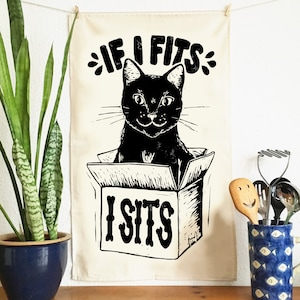 If I fits Black Cat Tea Towel - From Linocut, 100% Cotton Kitchen Towel, Cat Lover Gift, Tea Towel, Funny Dish Towel, Mum Gift