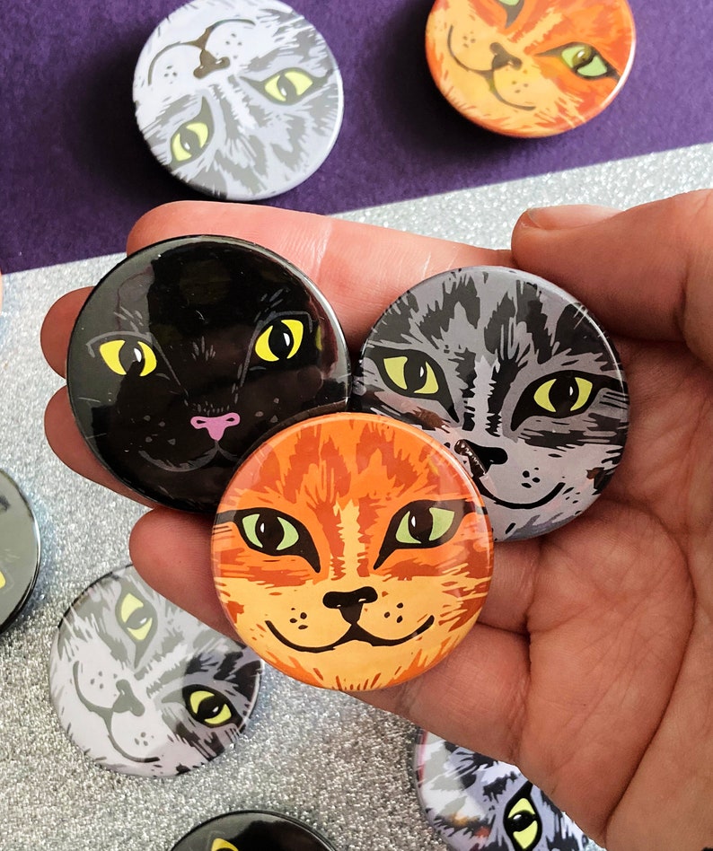 Funny Cat Faces badges, Set of badges, lapel pin, Pin badge, party bag fillers, Kitten gift, Animal Badges image 2