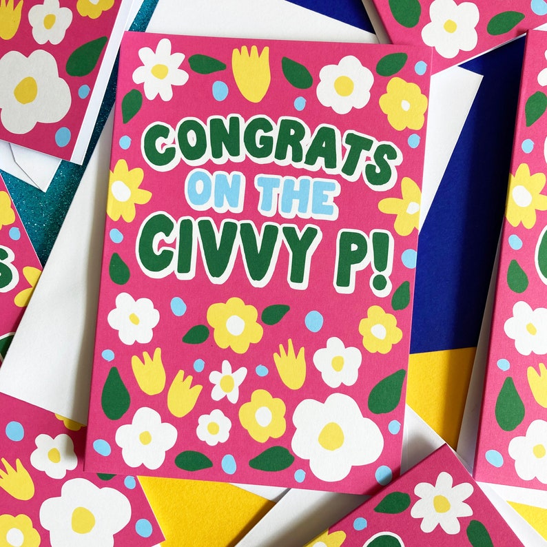 Bright colourful Civil Partnership Card, Civvy P Card, Retro Flower congratulations card A6 image 3