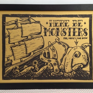 Here be Monsters Linocut Print Sea Monster Lino Print, Nautical Print, Sailor Tattoo, Bathroom Print, Kraken, Ship Tattoo, Gold and Black