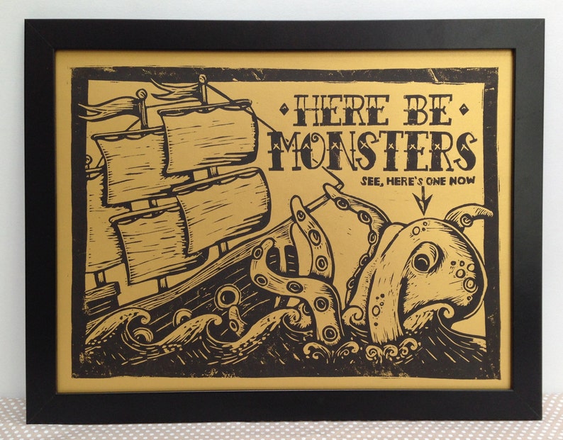 Here be Monsters Linocut Print Sea Monster Lino Print, Nautical Print, Sailor Tattoo, Bathroom Print, Kraken, Ship Tattoo, Gold and Black