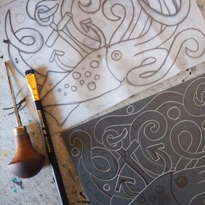 Meer Monster Squid Linolschnitt Druck Tier-Plakat Hochdruck | Etsy