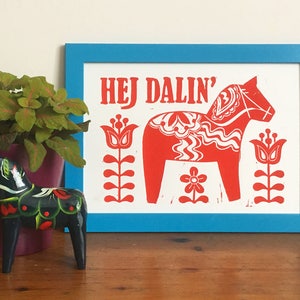 Swedish Dala Horse Linocut Print, Lino print, funny print, Scandinavian inspired art, scandi design, swedish folk art, horse art