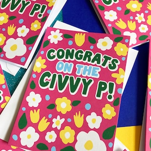 Bright colourful Civil Partnership Card, Civvy P Card, Retro Flower congratulations card A6 image 6