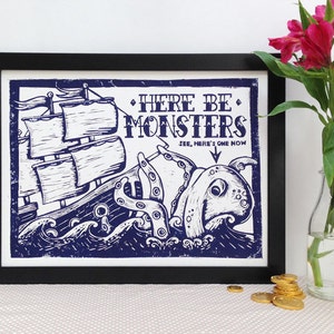 Here be Monsters Linocut Print Sea Monster Lino Print, Nautical Print, Sailor Tattoo, Bathroom Print, Kraken, Ship Tattoo, image 1