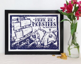 Here be Monsters Linocut Print  - Sea Monster Lino Print, Nautical Print, Sailor Tattoo, Bathroom Print, Kraken, Ship Tattoo,