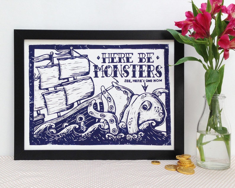 Here be Monsters Linocut Print Sea Monster Lino Print, Nautical Print, Sailor Tattoo, Bathroom Print, Kraken, Ship Tattoo, image 1