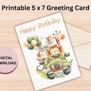 Cartão de aniversário infantil para impressão, cartão temático de safári para download para criança, animais fofos da selva, primeiro aniversário, cartão para neto, tamanho 5" x 7"