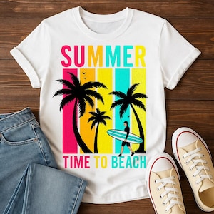Retro Summer Surf PNG: Beach Palm Trees, Surfer Design (Digital Download)