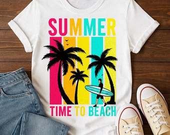 PNG de surf de verano retro: Palmeras de playa, diseño de surfista (descarga digital)