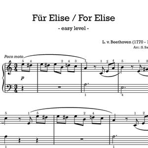 Fur Elise - For Elise - Beethoven - piano - very easy - digital download