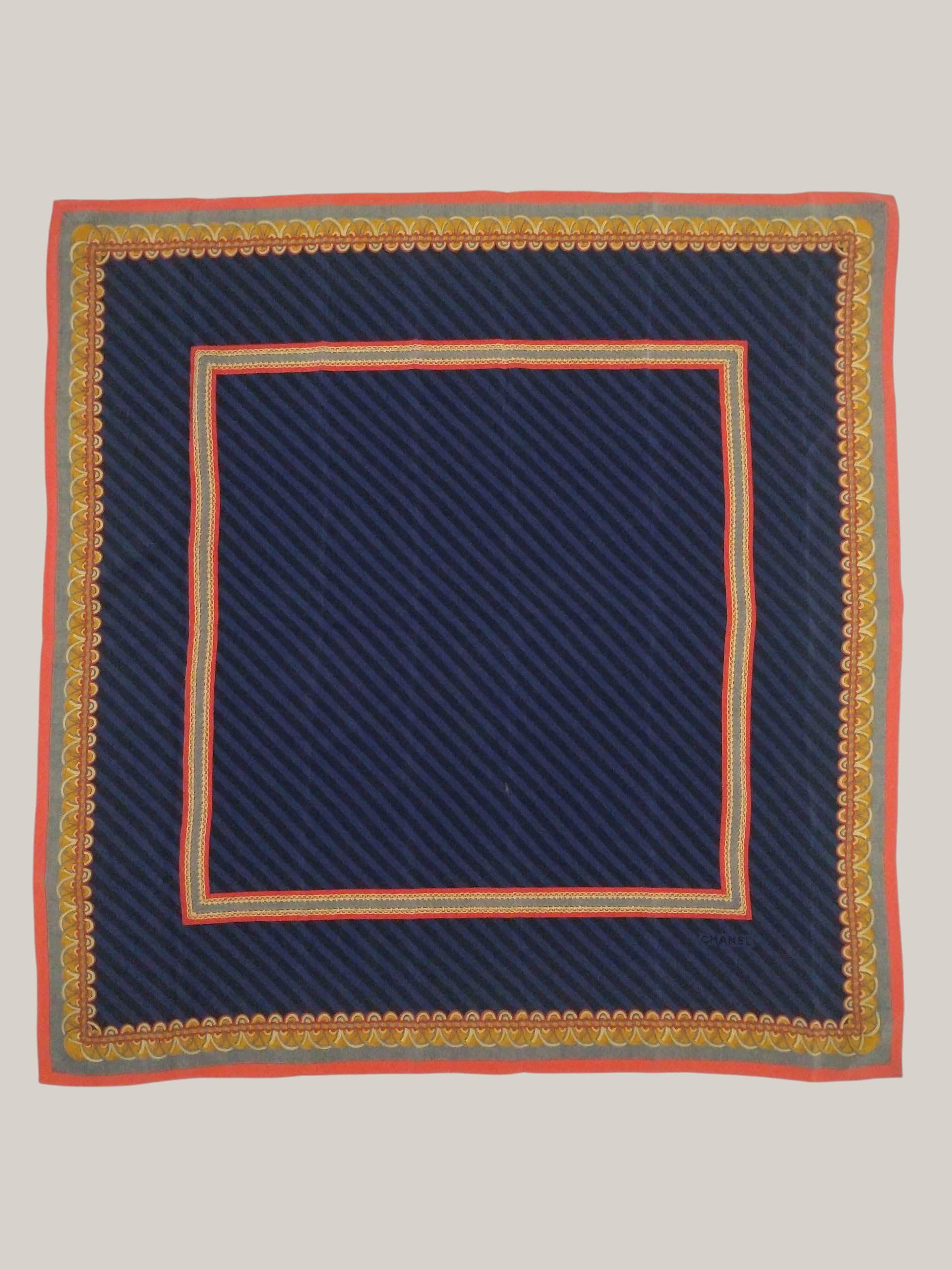 Chanel Vintage Silk Scarf – Navy Blue & Gold Chain Border 