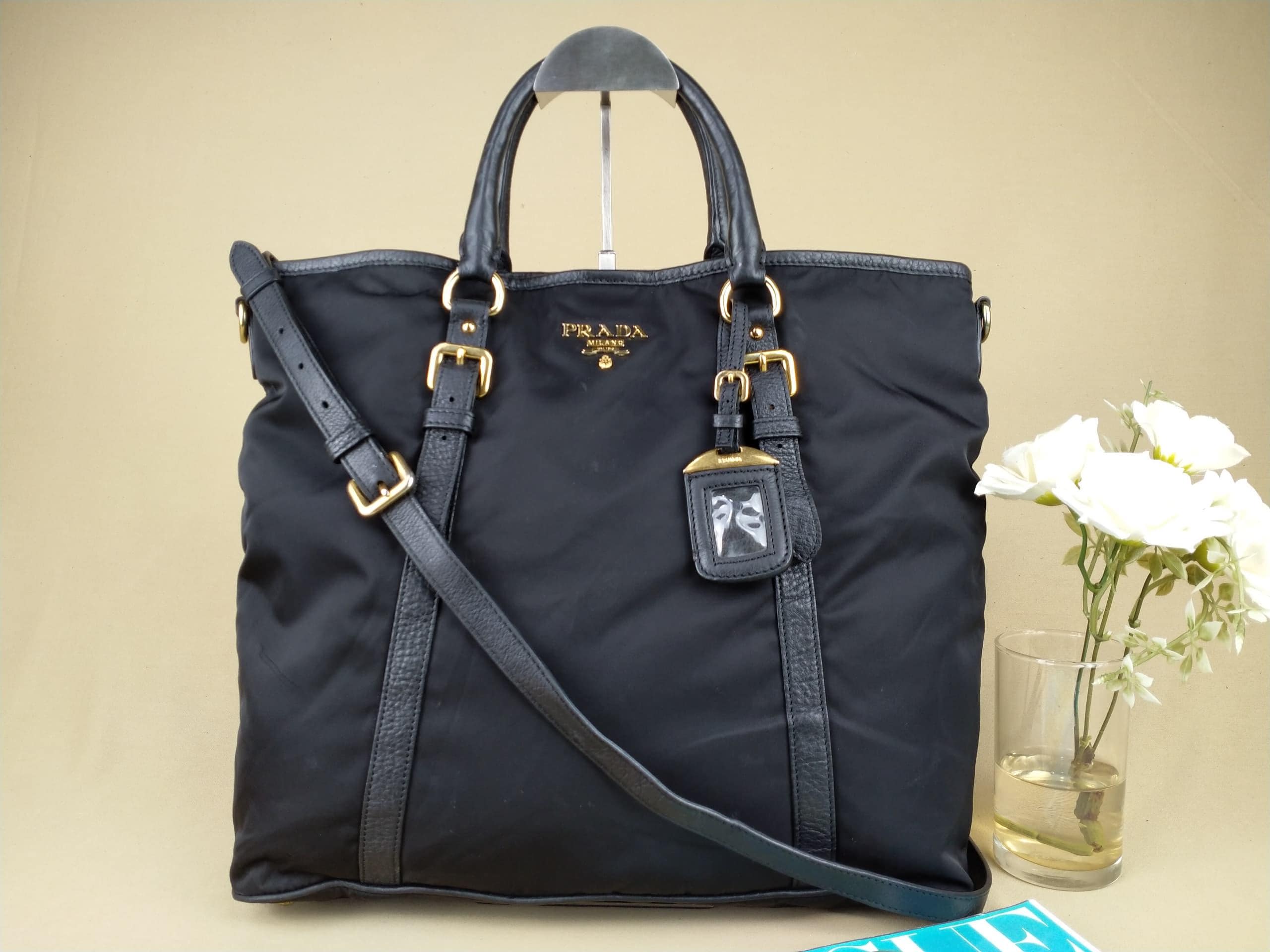Vintage Prada Black Nylon Tote Bag With Leather Handles | Long 