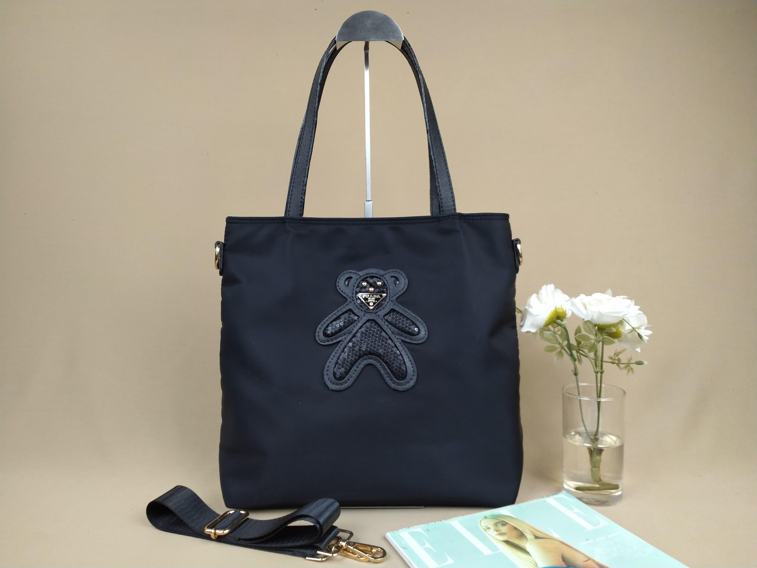 Prada Black Nylon Teddy Bear Tote Bag | Crossbody, Gold Hardware