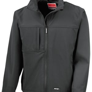 May include: A black softshell jacket with a zip fastening and a stand-up collar. The jacket has a pocket on the left chest and a logo on the lower right side.