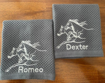 Horse Tack Towels-Grey-Set of 2-Personalized-Horse-Pony-Equestrian-English-Western-Barn-Tack-Stable-Saddle-Guest Towel-Hand Towel-Bath
