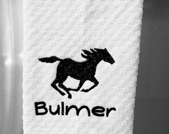 Horse Tack Towel-White-Personalized-Running Horse-Horse-Pony-Equestrian-Kitchen-Tack-Barn-English-Western-Stable-Horse Lover-Saddle-Bridle