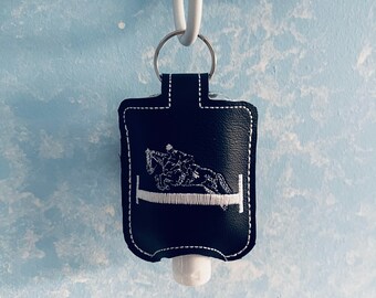 Hand Sanitizer Holder-Case-Navy Blue-Jumping Horse-Rider-Tack-Snap Closure-Tack-Key Fob-Equestrian-Bag-Keychain-Backpack-Stable-Grooming