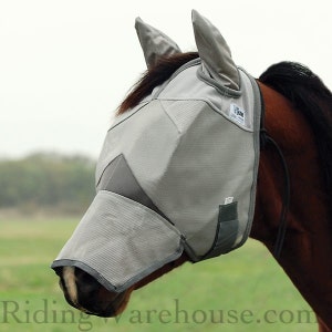 May include: A gray horse fly mask with a mesh nose and ear protection. The mask is designed to protect horses from insects.