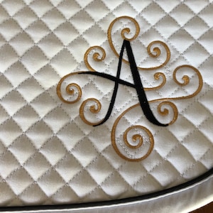 Horse Dressage Saddle Pad-White/Black trim-Custom-Embroidered Scroll Initial-2 Color-Personalized-English-Equestrian-Barn-Tack