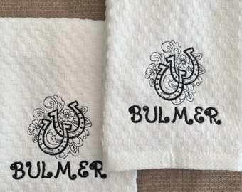 Horse Tack Towels-White-Set of 2-Personalized-Horseshoes-Horse-Pony-Equestrian-Kitchen-English-Western-Barn-Tack-Guest Towel-Hand Towel/Barn