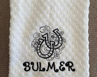 Horse Tack Towel-White-Personalized-Horseshoes-Horse-Pony-Equestrian-Kitchen-English-Western-Barn-Tack-Hand Towel-Guest Towel-Stable-Gift