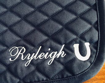 English All Purpose Saddle Pad-Horse-Custom-Embroiderd Name in Guard Script font/Small Horseshoe-Personalized