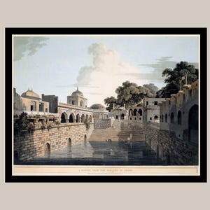 May include: An antique print depicting a serene waterscape with architectural structures. The artwork features a central body of water flanked by stone buildings with arched openings and domed roofs. The sky is a pale blue with fluffy clouds.