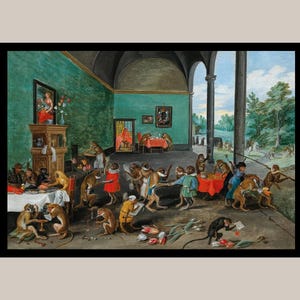 May include: A detailed painting depicting a lively scene with monkeys in a grand interior. Monkeys are engaged in various activities, including dining, dancing, and reading. The room features teal walls, arched ceilings, and a view of a landscape.