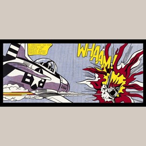 May include: Pop art comic strip illustration depicting a jet plane firing at another object, with the word "WHAAM!" in yellow. The jet is white and purple, with a black border. The background is light blue.