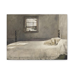May include: A painting of a light-colored dog sleeping on a bed with a white fringed coverlet. The bed has dark wooden posts and is positioned in a room with gray walls and a window that allows light to cast shadows across the bed surface.