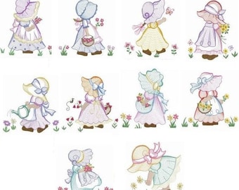 Embroidered  quilt blocks--Sunbonnet Sue set of 10