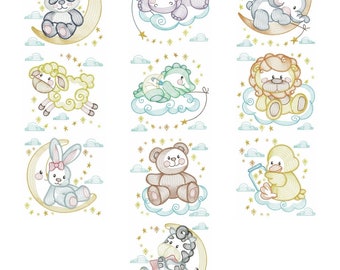 Embroidered  quilt block--Sleepy Time Pals
