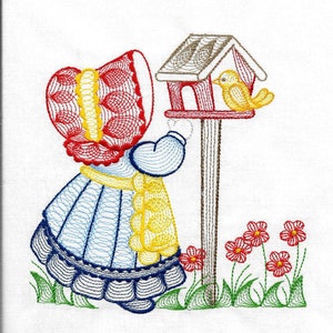 May include: Embroidered illustration of a girl in a red and white dress and hat, standing next to a birdhouse with a yellow bird perched on the edge. The scene is set against a white background with green grass and red flowers.