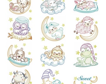 Embroidered  quilt block--Sleepy Time Pals