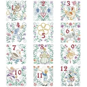 Embroidered  quilt blocks--12 days of Christmas