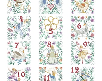 Embroidered  quilt blocks--12 days of Christmas